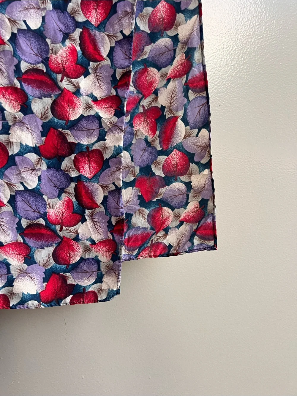 Vintage 100% Silk Long Scarf Red Purple Leaf Print Korean Made Festival Artsy OS